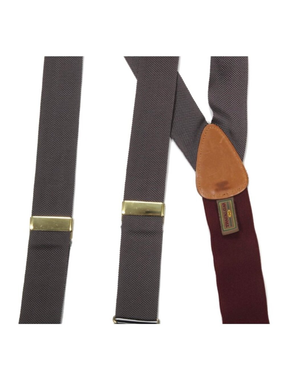 TRAFALGAR Gray Silk Button Tab Burgundy Elastic Fabric Suspenders